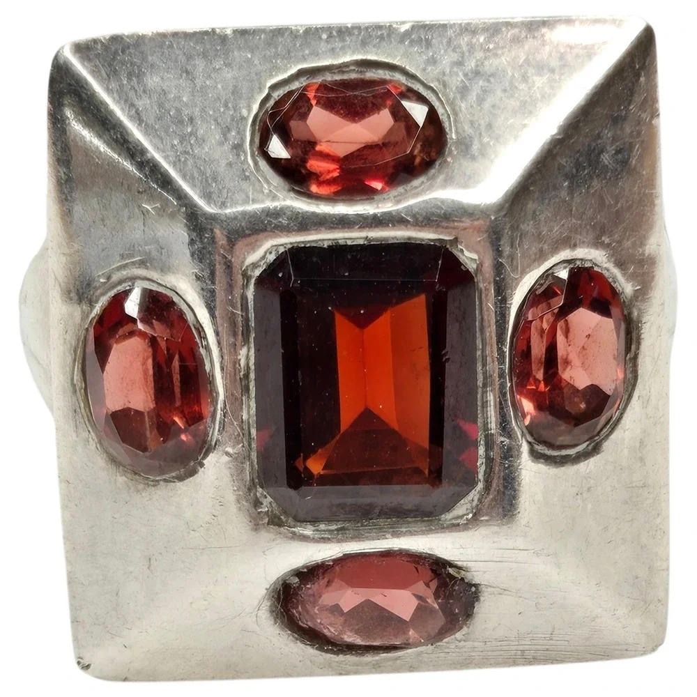Vintage Square Ring Sterling Silver 925 Size 7.5 Red Garnet Statement Bold